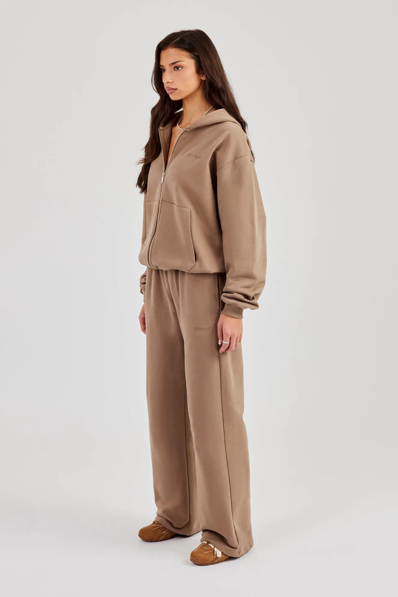 Cernucci Oversized Zip Through Hoodie Wide Leg Jogger - Taupe