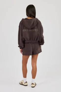Cernucci Zip Through Cropped Hoodie & Embroidered Short - Coffee