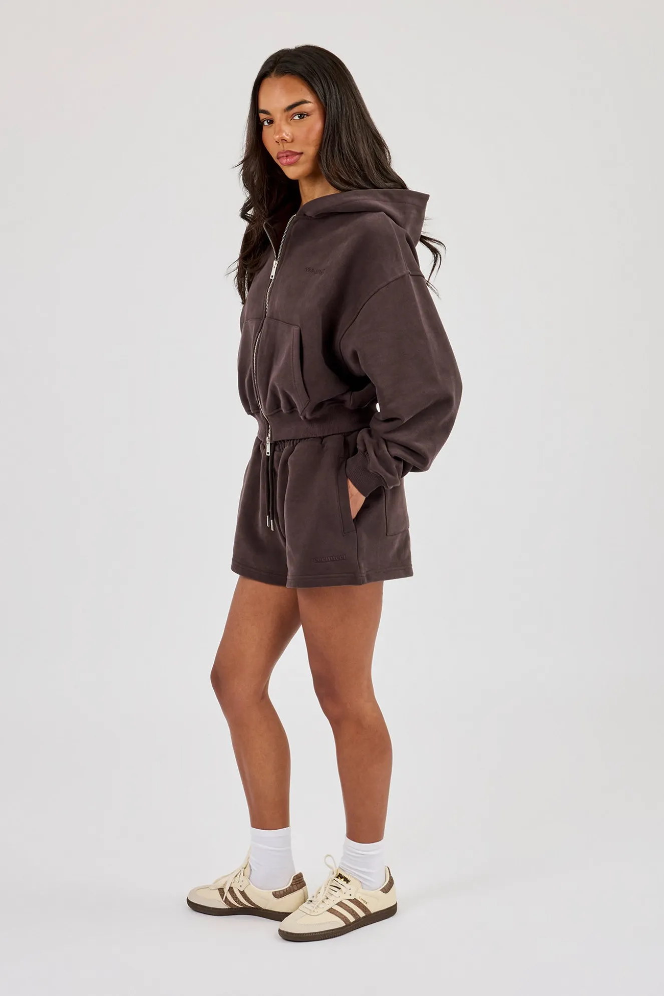 Cernucci Zip Through Cropped Hoodie & Embroidered Short - Coffee