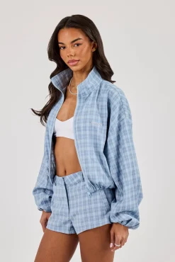 Check Funnel Neck Zip Jacket - Blue