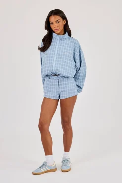 Check Funnel Neck Zip Jacket & Micro Short - Blue