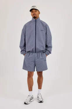 Check Funnel Neck Zip Jacket - Navy