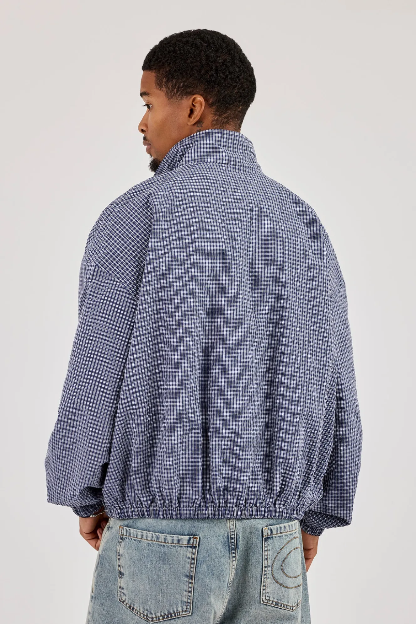 Check Funnel Neck Zip Jacket - Navy