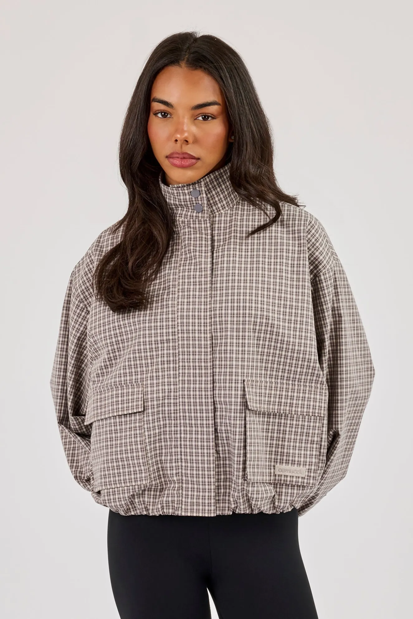 Check Nylon Funnel Neck Jacket - Beige