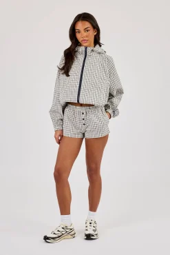 Check Nylon Zip Hooded Jacket & Check Button Short - Off White