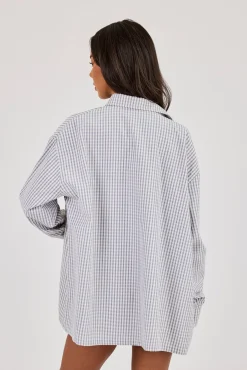 Check Print Oversized Shirt - Baby Blue
