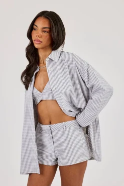 Check Print Oversized Shirt & Short - Baby Blue