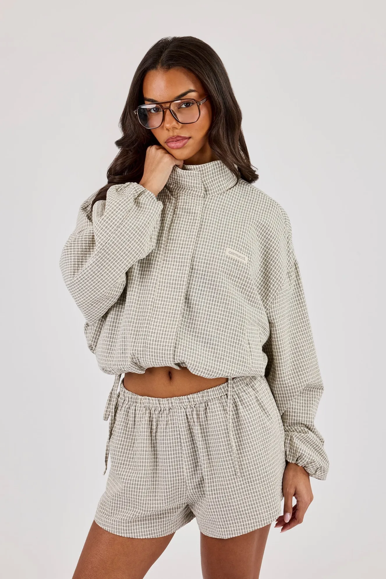 Check Twill Funnel Neck Jacket - Off White