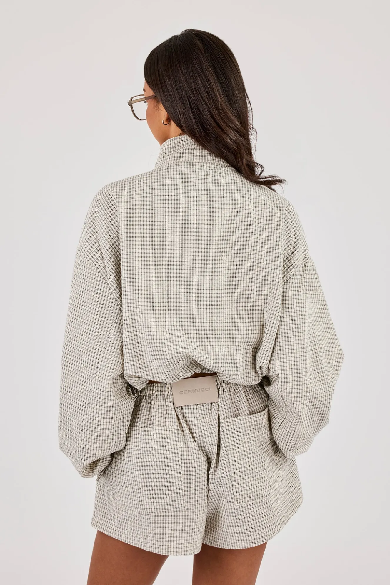 Check Twill Funnel Neck Jacket - Off White