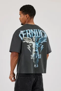 Cherub Back Print Boxy T-Shirt - Charcoal