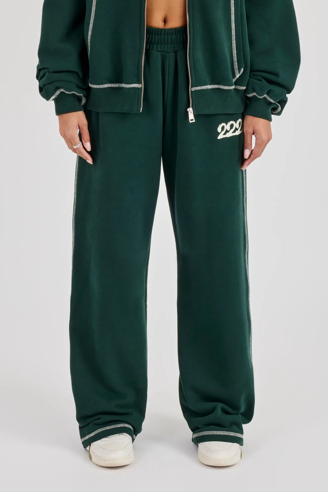 222 Cherub Contrast Stitch Wide Leg Jogger - Dark Green