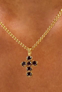 Chocolate CZ Stone Cross Necklace - 2.5mm - Gold