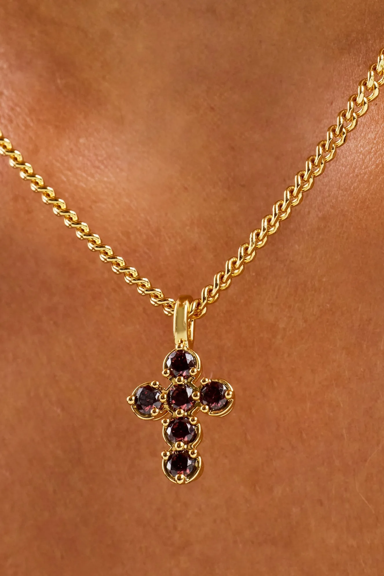 Chocolate CZ Stone Cross Necklace - 2.5mm - Gold