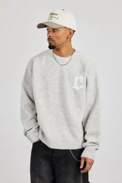 C Intarsia Knitted Sweatshirt - Grey