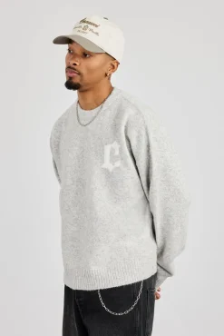 C Intarsia Knitted Sweatshirt - Grey