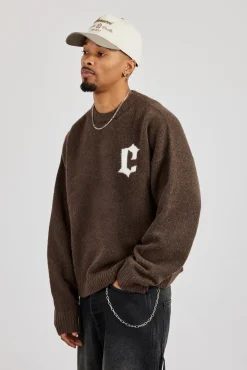 C Intarsia Knitted Sweatshirt - Dark Brown