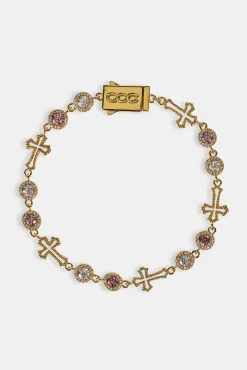 Circle CZ & Cross Outline Multigem Bracelet - 6mm - Gold