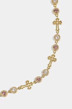 Circle CZ & Cross Outline Multigem Chain - 6mm - Gold