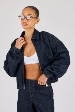 Contrast Stitch Denim Collared Bomber - Indigo