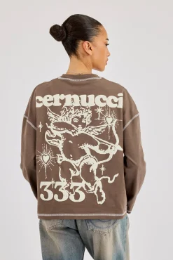 333 Contrast Stitch Long Sleeve T-Shirt - Taupe