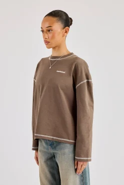 333 Contrast Stitch Long Sleeve T-Shirt - Taupe