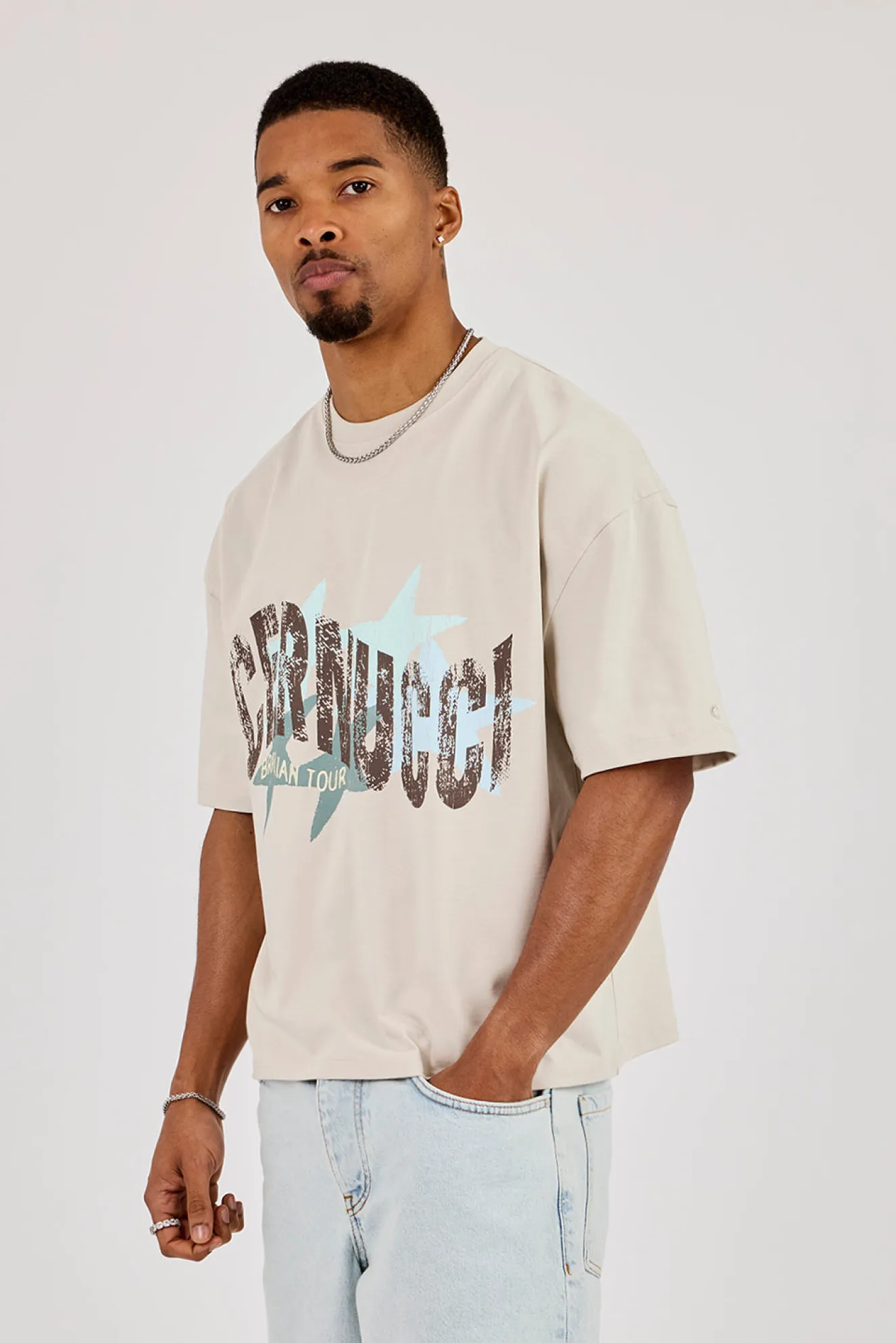 Cracked Cernucci Star Print Boxy T-Shirt - Stone