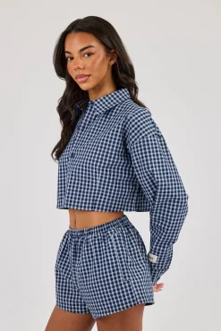 Cropped Check Shirt - Navy