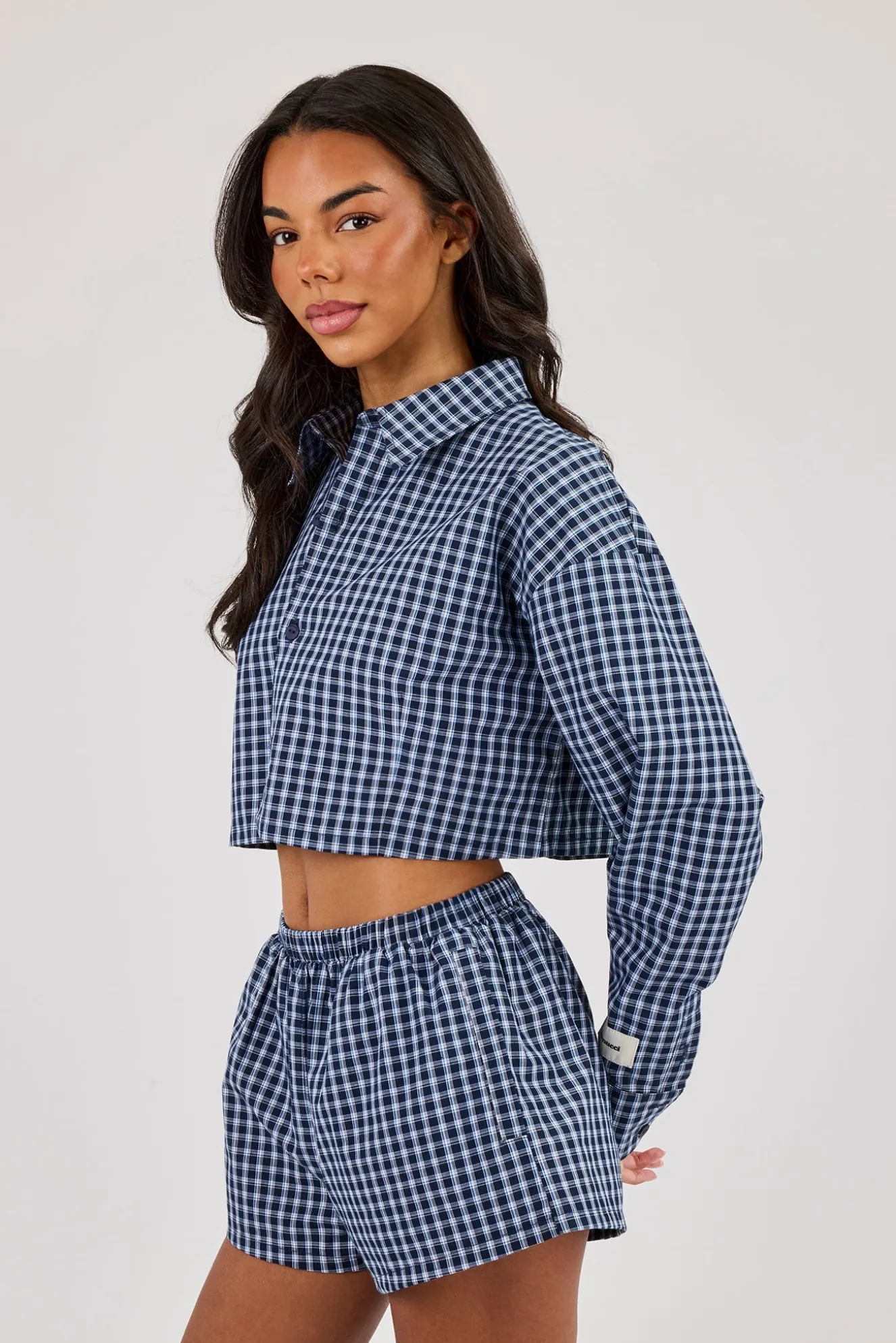 Cropped Check Shirt - Navy
