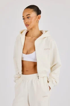 Cropped Embroidered Logo Zip Through Hoodie - Off White