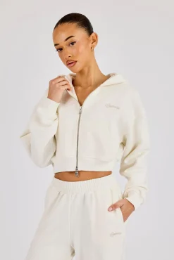 Cropped Embroidered Logo Zip Through Hoodie - Off White