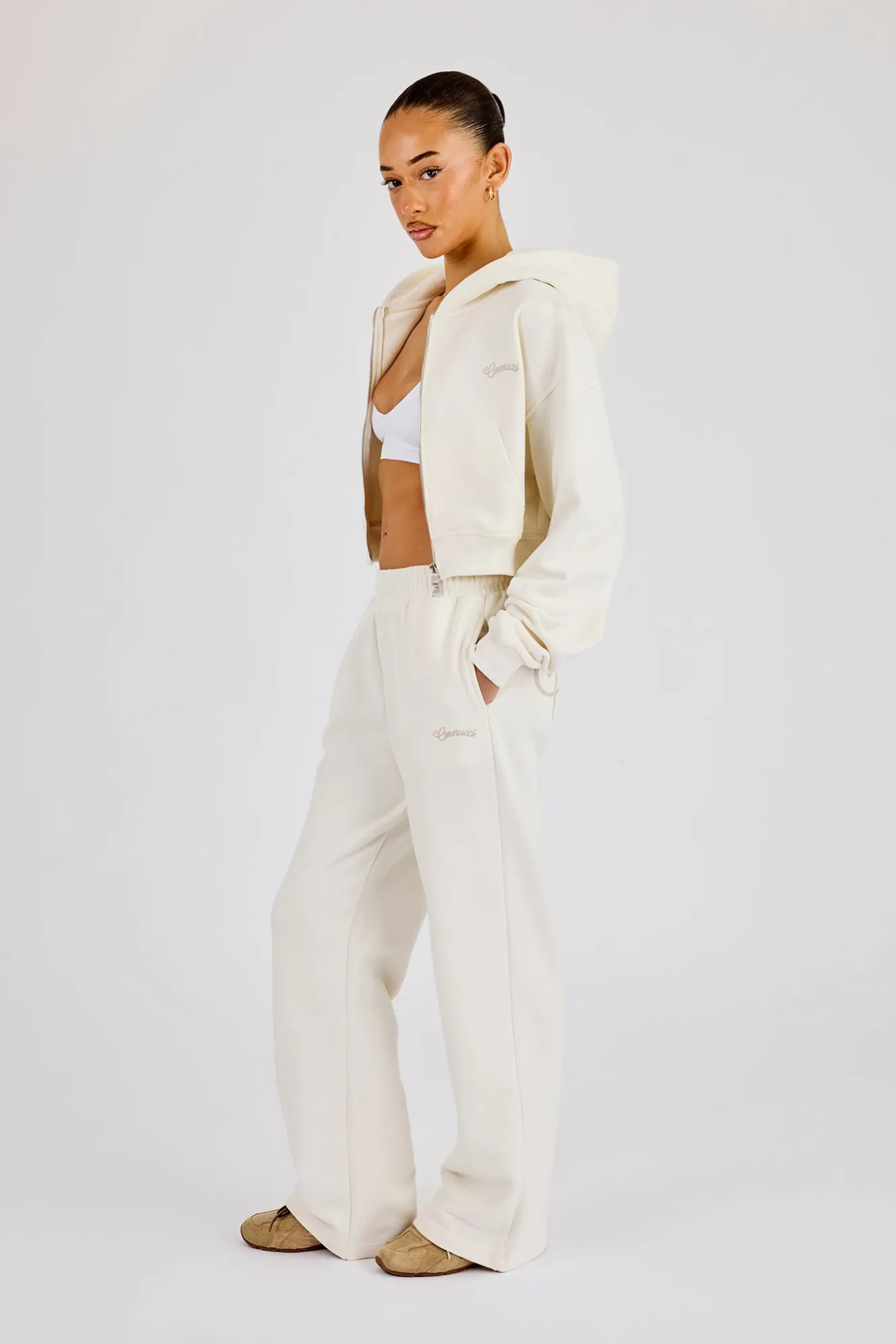 Cropped Embroidered Logo Zip Through Hoodie & Wide Leg Jogger - Off White