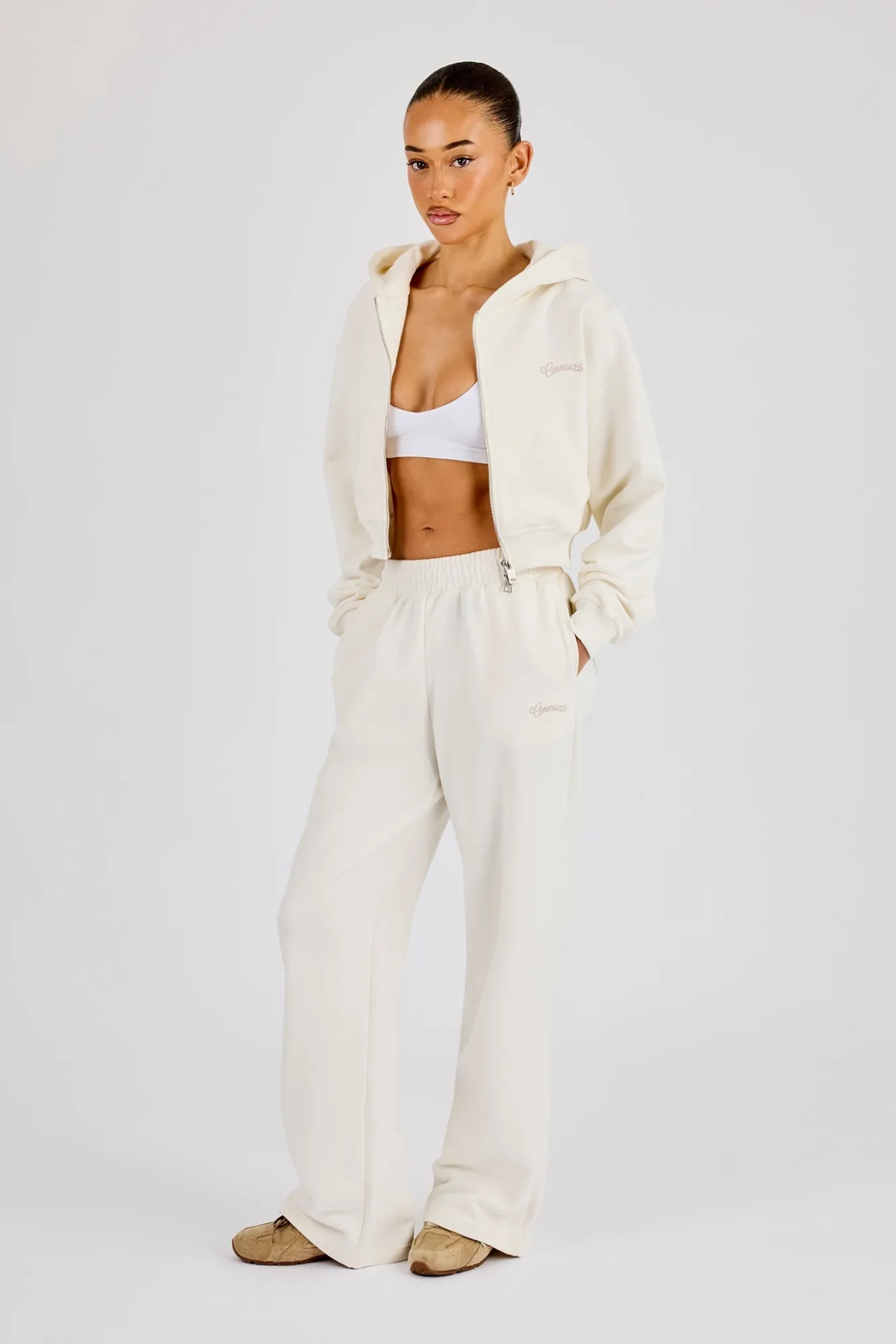 Cropped Embroidered Logo Zip Through Hoodie & Wide Leg Jogger - Off White