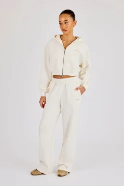 Cropped Embroidered Logo Zip Through Hoodie & Wide Leg Jogger - Off White