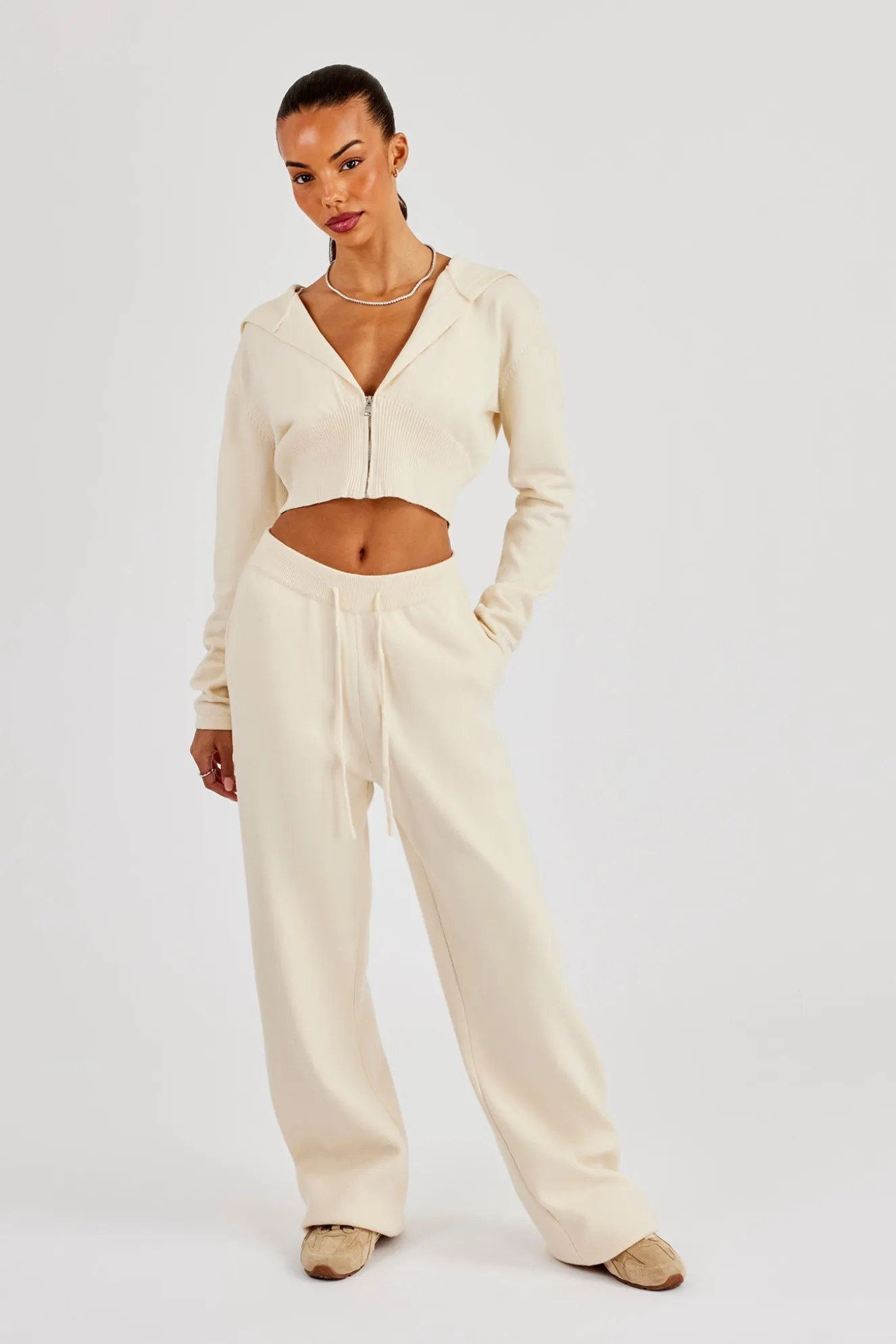 Cropped Knit Zip Hoodie - Cream