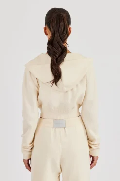 Cropped Knit Zip Hoodie - Cream