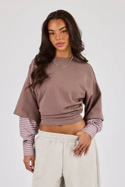 Cropped Oversized T-Shirt With Layered Shirt - Taupe