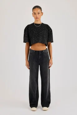 Cropped Rhinestone T-Shirt - Black