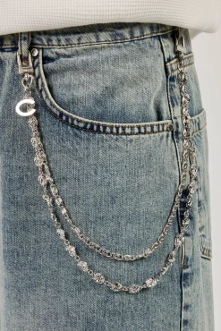 Denim Baggy Jort & 10mm C Branded Double Layer Rose Motif Jean Chain - Antique Wash