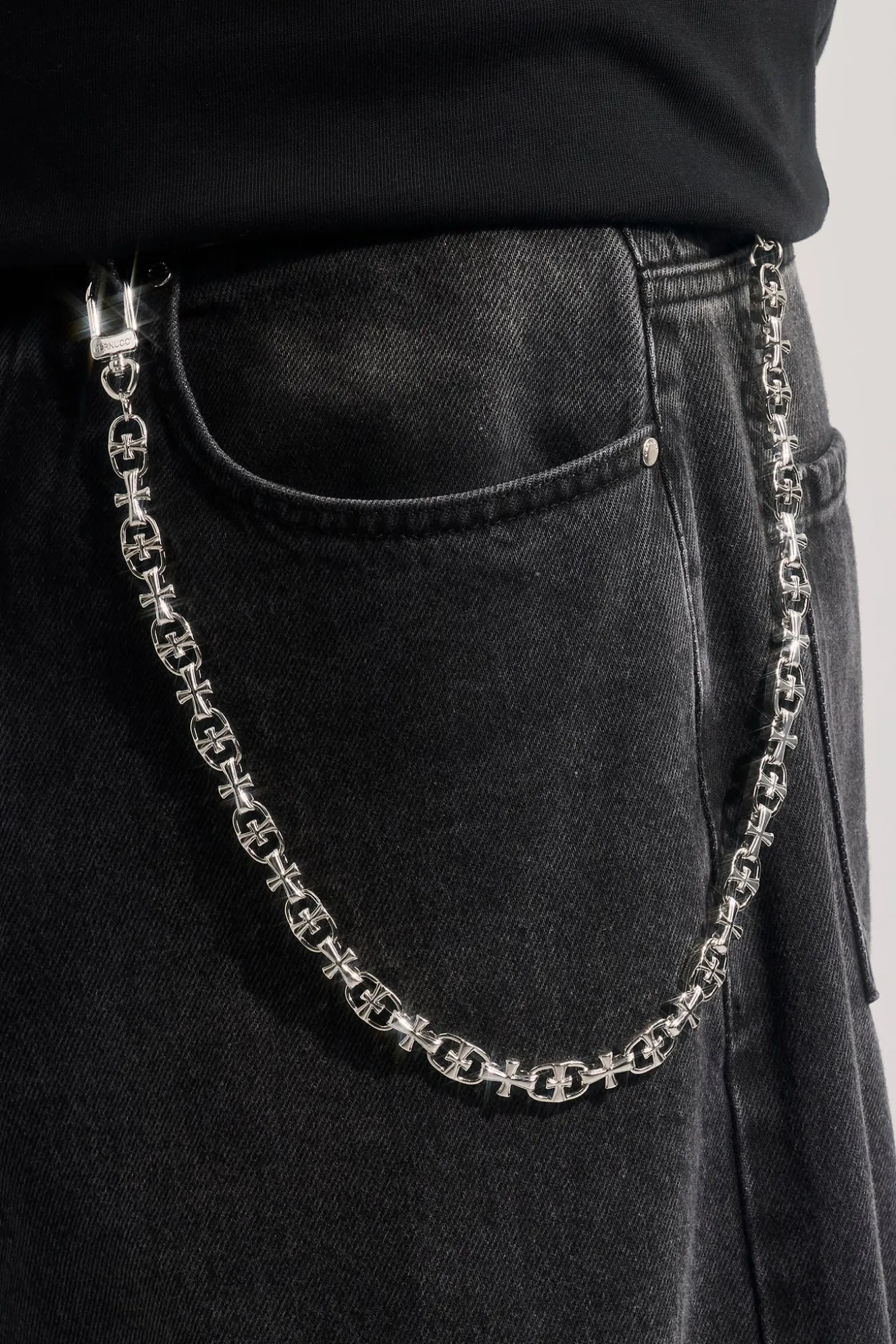 Denim Bermuda Jorts & 10mm Polished Multi Cross Polished Jean Chain - Washed Black