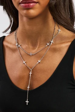 Double Layer Iced Cross Y Drop Necklace - 15mm - White
