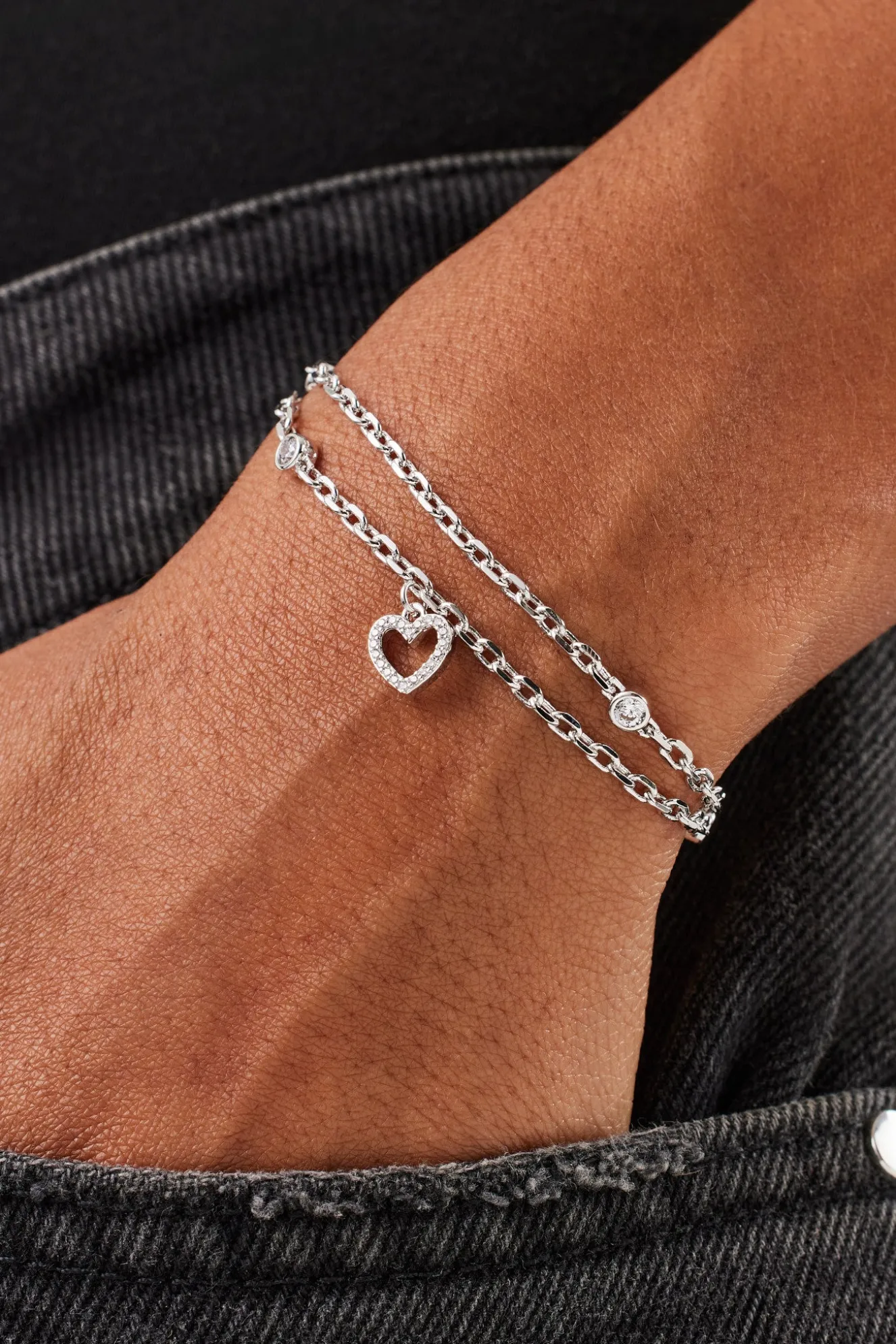 Double Layer Iced & Heart Rolo Bracelet - 8mm