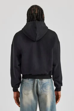 Embroidered C Boxy Hoodie - Black