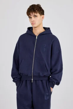 Embroidered C Boxy Zip Through Hoodie - Navy Blue