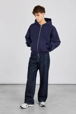 Embroidered C Boxy Zip Through Hoodie & Relaxed Jogger - Navy Blue
