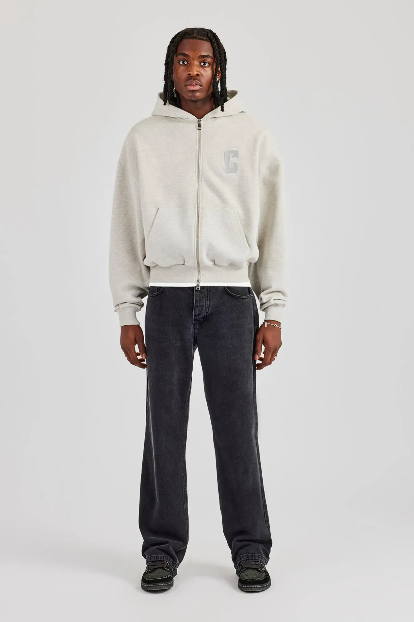 Embroidered C Boxy Zip Through Hoodie - Ash Grey
