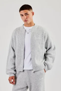 Embroidered Knitted Bomber - Light Grey