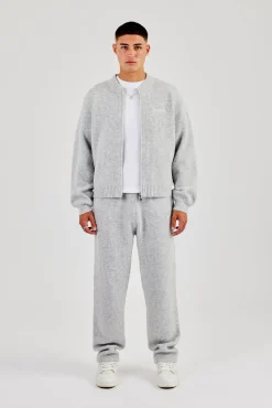 Embroidered Knitted Bomber - Light Grey