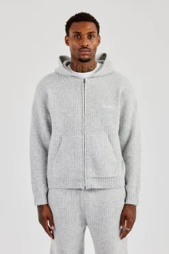Embroidered Knitted Zip Hoodie - Light Grey