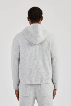 Embroidered Knitted Zip Hoodie - Light Grey