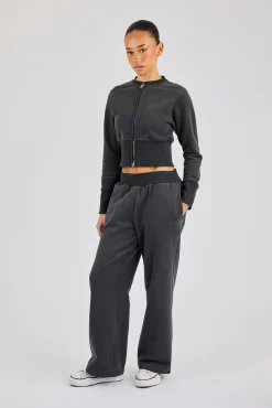 Fitted Rib Wide Leg Jogger - Charcoal